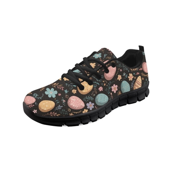 COEQINE Women Sneakers Running Walking Shoes Black Sole Fashion Tennis Shoes for Travel Mesh Breathable Trainers Easter Day Footwear, Easter Egg Floral Black