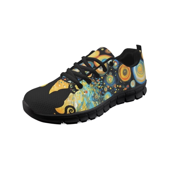 COEQINE Women Sneakers Running Walking Shoes Black Sole Tennis Shoes for Travel Breathable Trainers Footwear for Travel Outdoor, Abstract Black Cat Starry Night