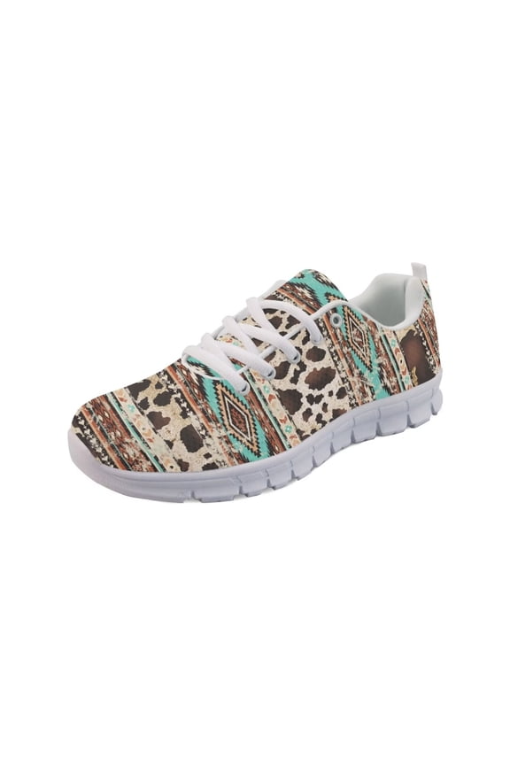Women Sneakers Running Walking Shoes White Sole Tennis Shoes for Travel Casual Mesh Breathable Trainers Footwear, American Tribal Cow Print Brown