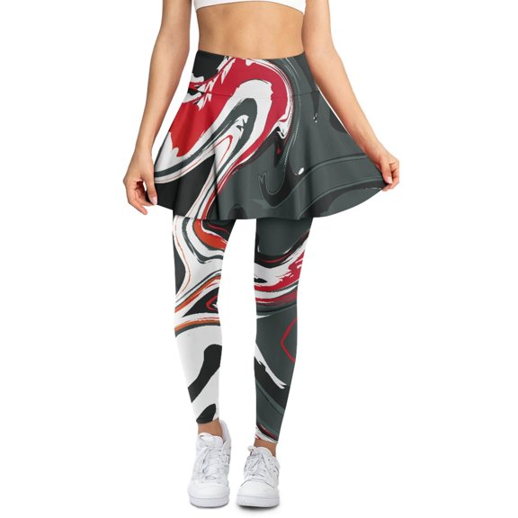 COEQINE Women Tennis Leggings with Skirts Fashion High Waist Yoga Skirted Legging with Pockets Abstract Marble Red Gray Print Pickleball Skort Pants, M