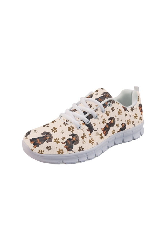 Women Tennis Shoes Fashion Puppy Pattern Sneakers Work Shoes Lightweight Mens Athletic Sneakers Footwear for Travel Outdoor Indoor, Dachshund Paw Heart Beige