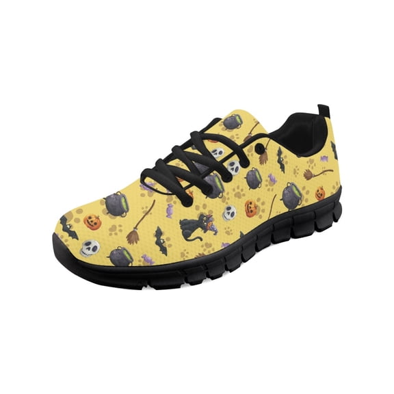 COEQINE Women Tennis Shoes Halloween Fashion Sneakers Work Shoes Lightweight Mens Athletic Sneakers Footwear for Travel Outdoor Indoor, Black Cat Witch Hat Skull Paw Yellow