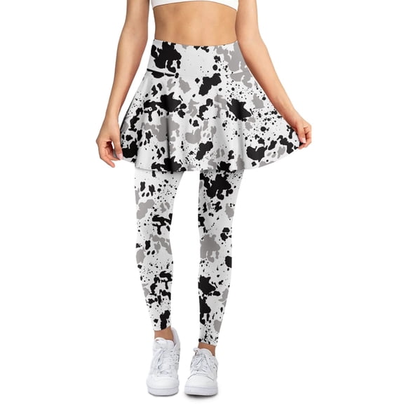 COEQINE Women Tennis Skirted Legging High Waist Fit Comfy Yoga Leggings with Skirts Black and Gray Paw Print Pattern Golf Pickleball Skort Pants with Pockets, XS