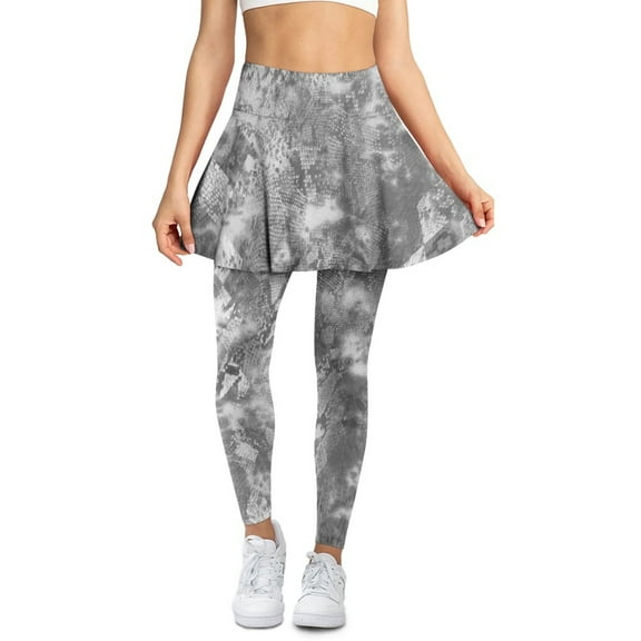 COEQINE Women Tennis Skirted Legging with Pockets Ruffle Pleated Comfy Soft Golf Pickleball Skirts with Leggings Gray Tie-Dye Print Full Length Yoga Pants, 3XL