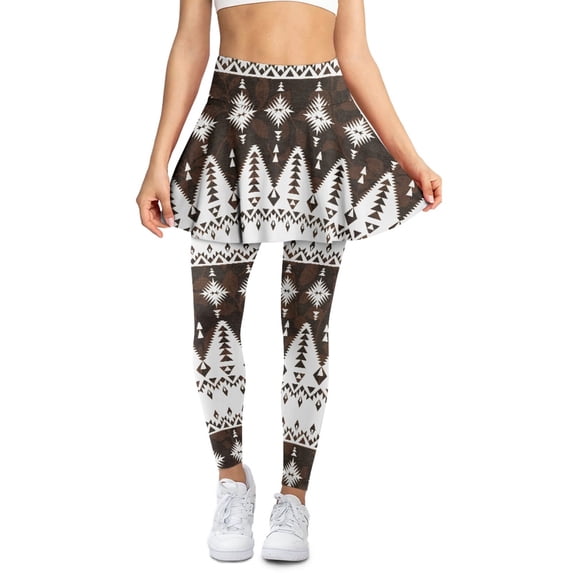 COEQINE Women Tennis Skirts with Leggings Breathable Ruffle Pleated Soft Golf Leggings with Skirts Brown Leaf Aztec Print Fit Moisture-Wicking Yoga Skort Pants with Pockets, XL