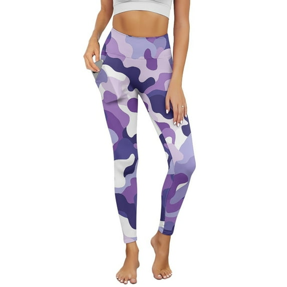 COEQINE Women Tummy Control Yoga Leggings with Pockets Breathable High Waisted 4-Way Stretch Full-Length Pants Violet Camouflage No See Through Hip Lift Tights for Hiking, M
