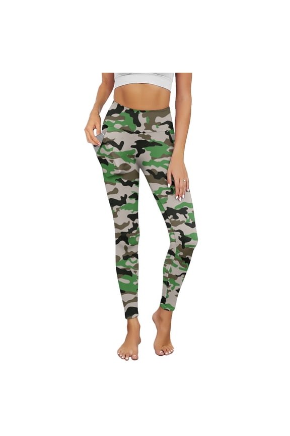 Women Tummy Control Yoga Pants with Pockets High Waisted 4-Way Stretch Breathable Athletic Leggings Green Gray Camouflage Casual Hip Lift No See Through Tights, 2XL