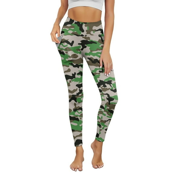 COEQINE Women Tummy Control Yoga Pants with Pockets High Waisted 4-Way Stretch Breathable Athletic Leggings Green Gray Camouflage Casual Hip Lift No See Through Tights, XS