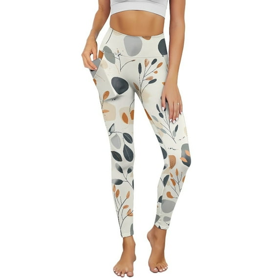 COEQINE Women Tummy Control Yoga Pants with Pockets High Waisted Buttery Soft 4-Way Stretch Athletic Leggings Casual No See Through Hip Lift Tights, Abstract Boho Geometric Art Beige, XS