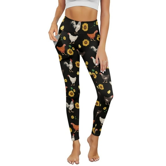 COEQINE Women Tummy Control Yoga Pants with Pockets High Waisted Buttery Soft Comfortable Athletic Leggings 4-Way Stretch Casual Tights, Chicken Rooster Sunflower Black, XS