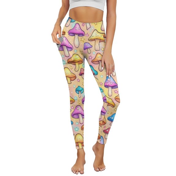 COEQINE Women Tummy Control Yoga Pants with Pockets High Waisted Casual 4-Way Stretch Athletic Leggings Star Mushroom Yellow Buttery Soft No See Through Tights, L