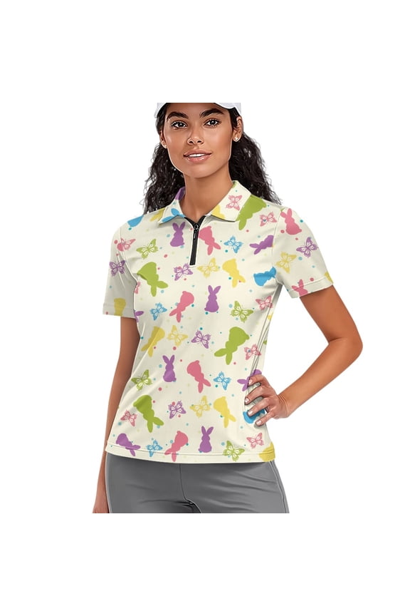 Women V Neck Golf Shirts Soft Short Sleeve 1/4 Zip Polo Shirts Easter Bunny Butterfly and Polka Dots Print Golf Tops Pullover Lightweight Quick Dry Fit Athletic Tops, L