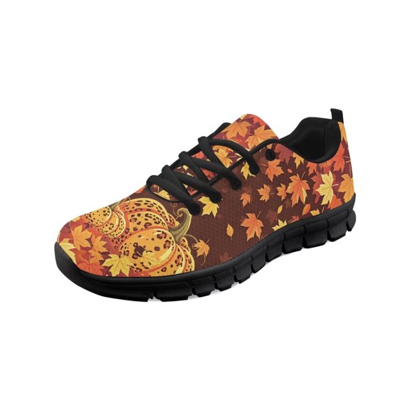 COEQINE Women Walking Shoes Lace-up Black Sole Fall Sneakers Hiking Camping Soft Training Athletic Footwear Tennis Shoes, Fall Pumpkin Maple Leaf Brown