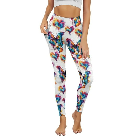 COEQINE Women Workout Yoga Leggings with Pockets High Waisted Tummy Control 4-Way Stretch Full-Length Pants Breathable No See Through Tights, Colorful Butterfly Heart White, XL