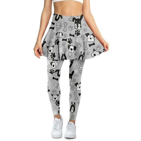 COEQINE Women Yoga High Waist Skirted Legging Dog Bones and Paw Prints Gray Pattern Moisture-Wicking Leggings with Skirts Fashion Skort Pants with Pockets, S