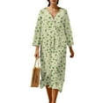 thumbnail image 1 of COEQINE Women's Boho Casual Dress 3/4 Sleeve Wrap V-Neck Midi Length, Flowy Loose Fit Linen-Look Polyester A Line Tunic Dress, Easy Care, Size 4XL, Green Clover Leaf, 1 of 6