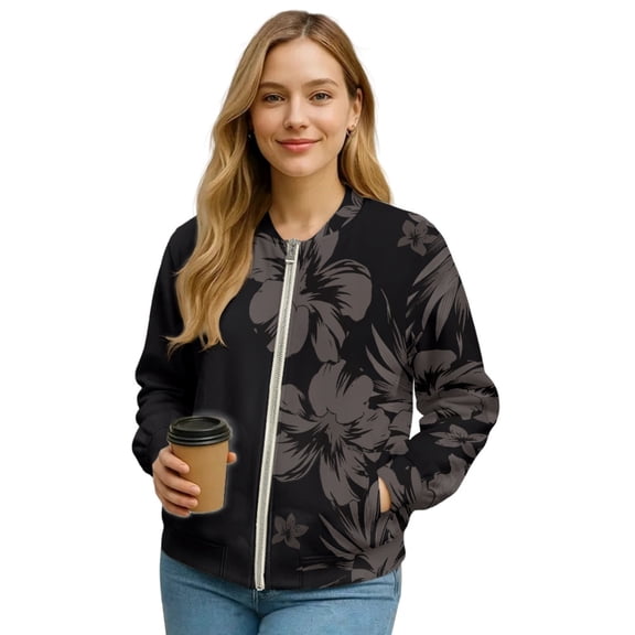 COEQINE Women's Bomber Jacket Full Zip Loose Fit Blazer Jackets Long Sleeve Cropped Motorcycle Coat Streetwear with Pockets, 2025 Fall Winter Outfits, XX-Large, Tropical Hibiscus Floral