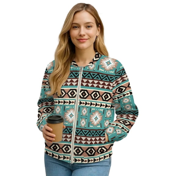 COEQINE Women's Bomber Jacket Full Zip Loose Fit Blazer Jackets Long Sleeve Cropped Motorcycle Coat Streetwear with Pockets, 2025 Fall Winter Outfits, XX-Large, Southwest American Tribal Teal