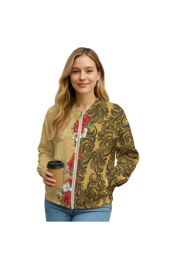 Women's Bomber Jacket Full Zip Loose Fit Blazer Jackets Long Sleeve Cropped Motorcycle Coat Streetwear with Pockets, Tribal Art Fall Outfits, Large, Polynesian Hawaiian Hibiscus Plumeria