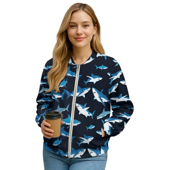 COEQINE Women's Bomber Jacket Full Zip Relaxed Fit Cardigan Jacket Fall Winter Trendy Coats with Pockets, Casual Varsity Shacket Coats Streetwear, 4X-Large, Blue Shark Print