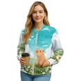 thumbnail image 1 of COEQINE Women's Bomber Jacket Full Zip Relaxed Fit Cardigan Jacket Fall Winter Trendy Coats with Pockets, Casual Varsity Shacket Coats Streetwear, Medium, Capybara Daisy Meadow, 1 of 7
