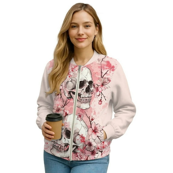 COEQINE Women's Bomber Jacket Lightweight Zip Up Loose Fit Streetwear Fashion Bomber Winter Coat with Stand Collar & Pockets, Cute Y2k Tops Windbreaker, XX-Large, Skull Floral Pink