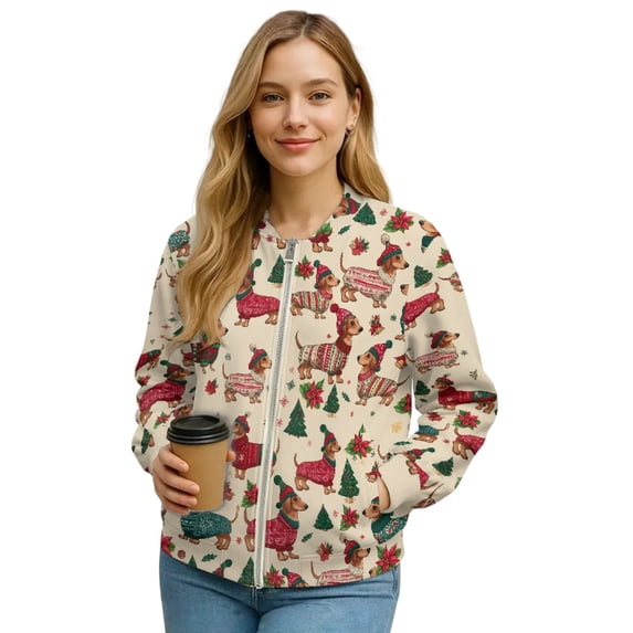 COEQINE Women's Bomber Jacket Lightweight Zip Up Loose Fit Streetwear Fashion Bomber Winter Coat with Stand Collar & Pockets, Cute Y2k Tops Windbreaker, XX-Large, Christmas Dachshund Dog