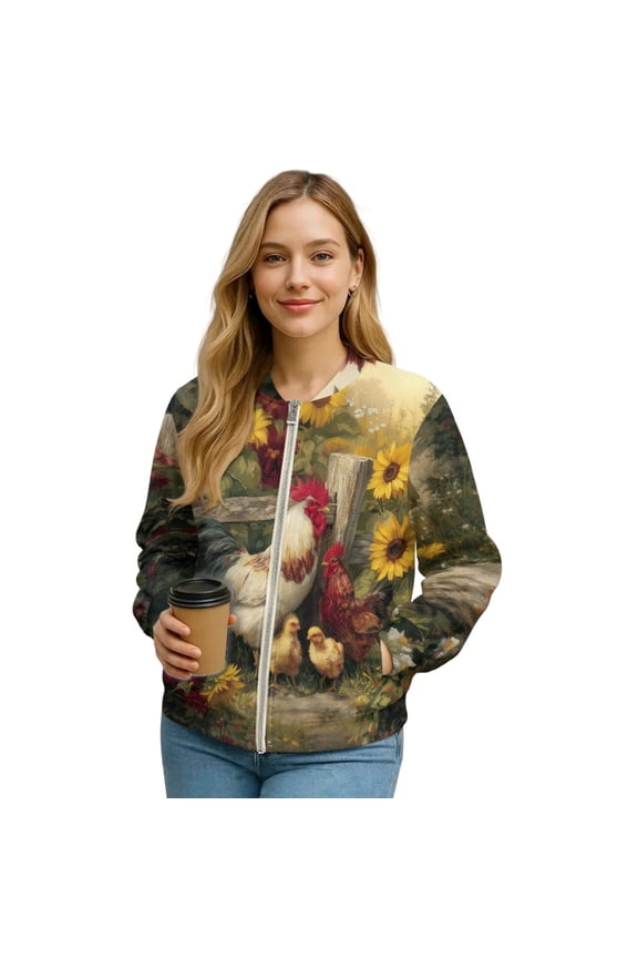 Women's Bomber Jacket Lightweight Zip Up Loose Fit Streetwear Fashion Bomber Winter Coat with Stand Collar & Pockets, Trendy Y2k Tops Windbreaker, X-Large, Chicken Rooster Sunflower