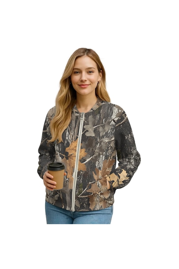Women's Bomber Jacket Zip Up Long Sleeve Varsity Shackets Lightweight Coat with Pockets, Stand Collar Loose Fit Casual Jacket Fall Winter Outfits, Large, Camo Hunting Forest