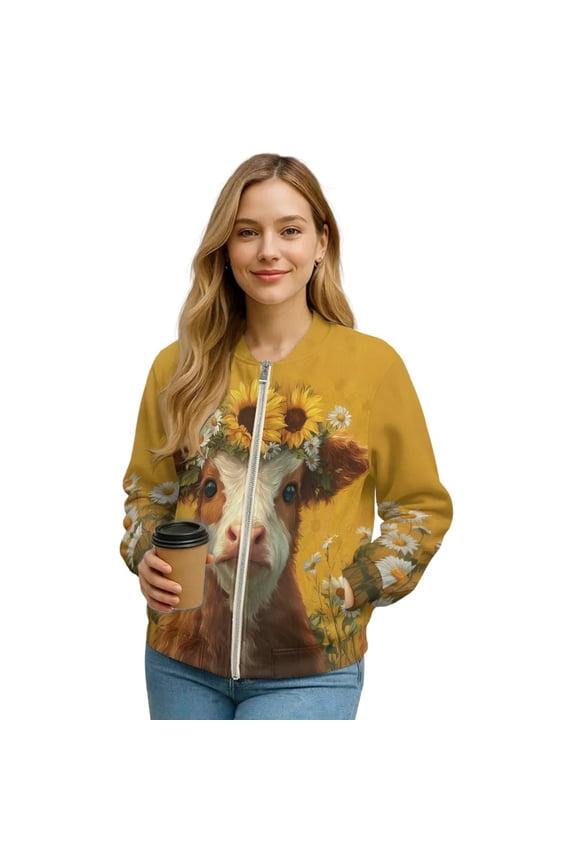 Women's Bomber Jacket Zip Up Long Sleeve Varsity Shackets Lightweight Coat with Pockets, Stand Collar Loose Fit Casual Jacket Fall Winter Outfits, Large, Cow Sunflower Yellow