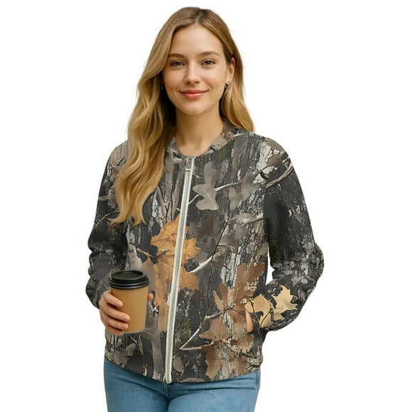 COEQINE Women's Bomber Jacket Zip Up Long Sleeve Varsity Shackets Lightweight Coat with Pockets, Stand Collar Loose Fit Casual Jacket Fall Winter Outfits, Medium, Camo Hunting Forest