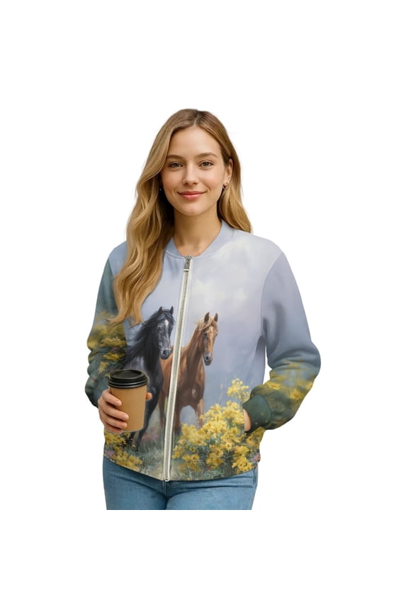 Women's Bomber Jacket Zip Up Long Sleeve Varsity Shackets Lightweight Coat with Pockets, Stand Collar Loose Fit Casual Jacket Fall Winter Outfits, Medium, Horse Floral Yellow
