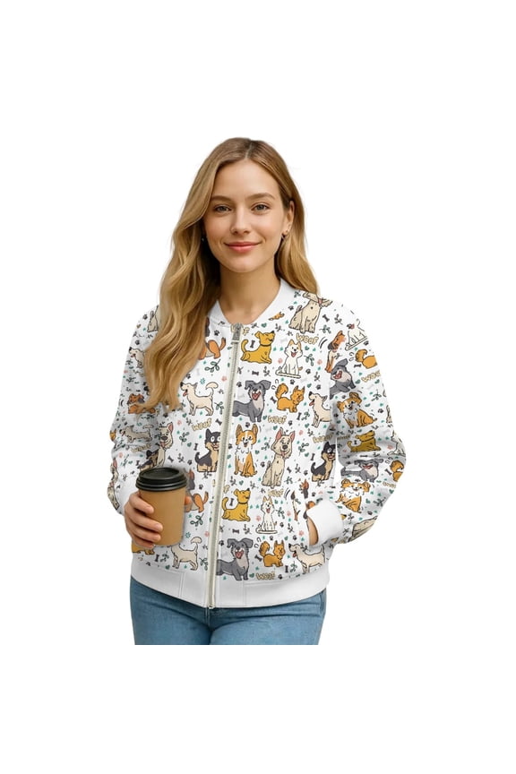 Women's Bomber Jacket Zip Up Long Sleeve Varsity Shackets Lightweight Coat with Pockets, Stand Collar Loose Fit Casual Jacket Fall Winter Outfits, Small, Cartoon Dog