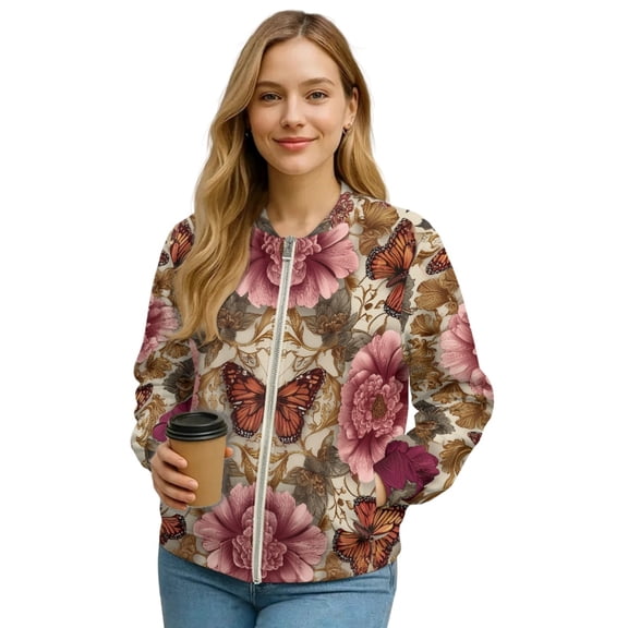 COEQINE Women's Bomber Jacket Zip Up Long Sleeve Varsity Shackets Lightweight Coat with Pockets, Stand Collar Loose Fit Casual Jacket Fall Winter Outfits, Small, Elegant Butterfly Flower