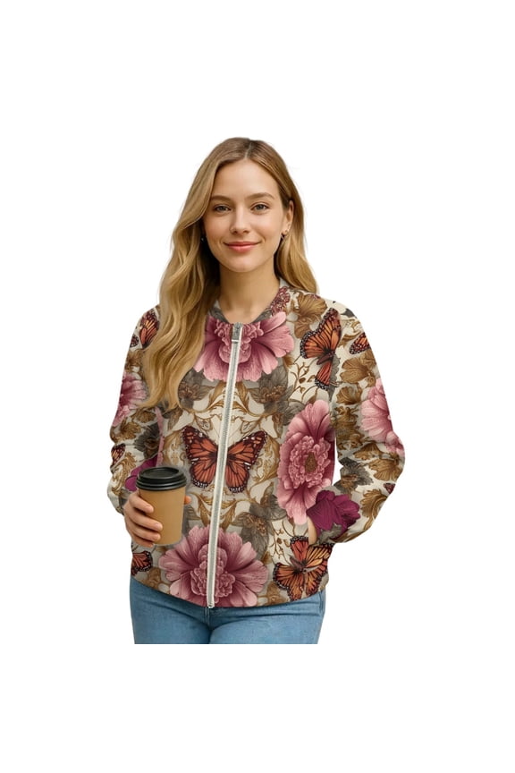 Women's Bomber Jacket Zip Up Long Sleeve Varsity Shackets Lightweight Coat with Pockets, Stand Collar Loose Fit Casual Jacket Fall Winter Outfits, Small, Elegant Butterfly Flower
