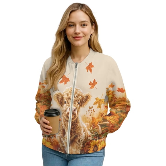 COEQINE Women's Bomber Jacket Zip Up Varsity Jackets with Pockets, Casual Fashion Motorcycle Coats Cropped Tops Stand Collar Outerwear Windbreaker, X-Large, Highland Cow Maple Leaf
