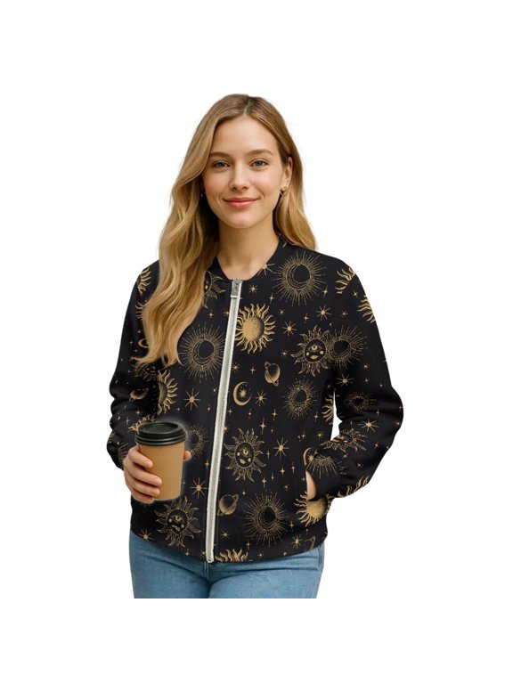 Women's Bomber Jacket Zip Up Varsity Jackets with Pockets, Casual Fashion Motorcycle Coats Cropped Tops Stand Collar Outerwear Windbreaker, X-Large, Sun Moon Star Gold