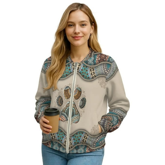 COEQINE Women's Bomber Jacket Zip Up Varsity Shackets Bohemian Pet Paw Lightweight Coat with Pockets, Stand Collar Loose Fit Casual Jacket Fall Winter Outfits, Small, Paw Boho Mandala Flower Blue