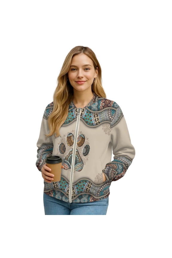 Women's Bomber Jacket Zip Up Varsity Shackets Bohemian Pet Paw Lightweight Coat with Pockets, Stand Collar Loose Fit Casual Jacket Fall Winter Outfits, Small, Paw Boho Mandala Flower Blue
