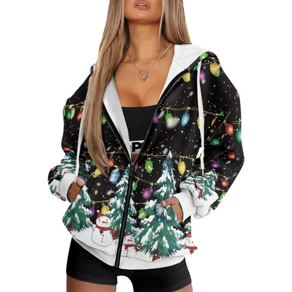 COEQINE Women's Fashion Hoodie Oversized Sweatshirts Christmas Tree Snowman Black Print Full Zipper Y2K Jacket Lights Pattern Long Sleeve Casual Wear Fall Tops with Pockets, 2XL
