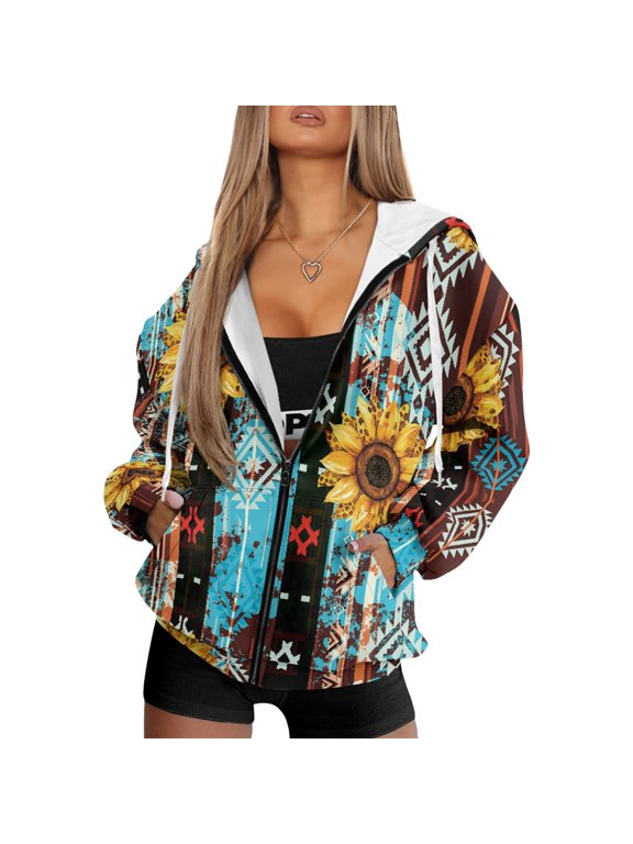 Women's Fashion Hoodie Oversized Sweatshirts Sunflower American Tribal Pattern Full Zipper Long Sleeve Jacket Coat for Women Lightweight Soft Casual Wear with Pockets, M