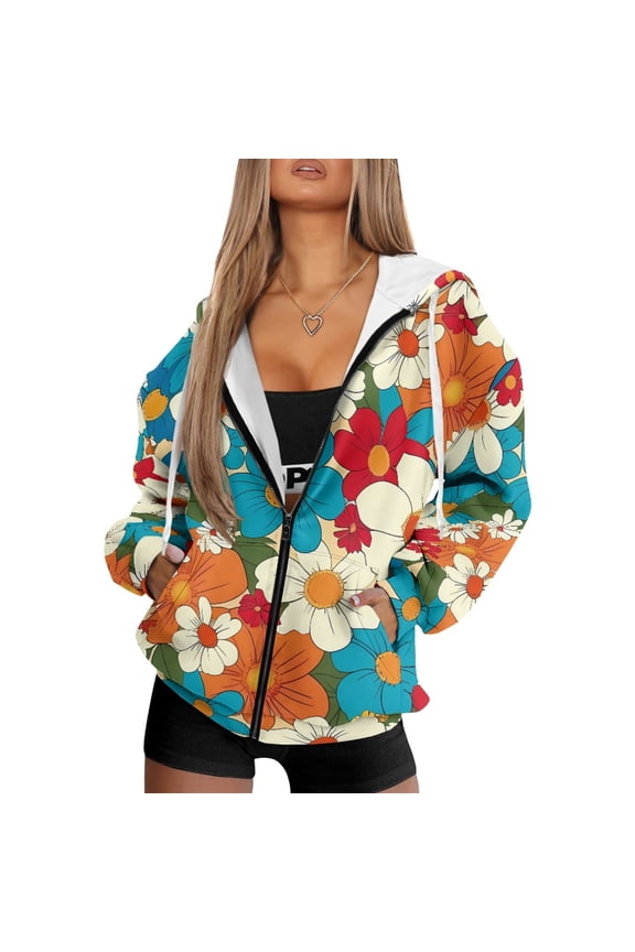 Women's Full Zip Up Hoodie Oversized Fashion Sweatshirts Cute Guinea Pig and Floral Pattern Y2K Outfits Jacket Long Sleeve Fall Casual Wear Lightweight Tops with Pockets, XS