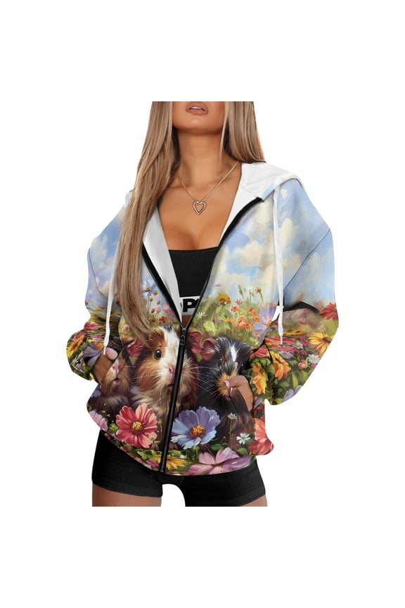 Women's Full Zip Up Hoodie Oversized Fashion Sweatshirts Cute Guinea Pig and Floral Pattern Y2K Outfits Jacket Long Sleeve Fall Casual Wear Lightweight Tops with Pockets, XS