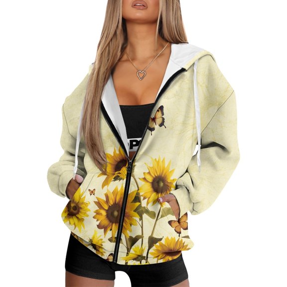 COEQINE Women's Full Zip Up Hoodie Sunflowers and Butterflies Yellow Pattern Y2K Sweatshirts Long Sleeve Oversized Casual Wear Fall Fashion Outfit with Pockets, 2XL