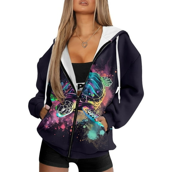 COEQINE Women's Full Zip Up Hoodie Turtle Purple Pattern Long Sleeve Sweatshirts Oversized Lightweight Casual Wear Y2K Fashion Tops with Pockets Fall Winter Outfits Jacket, XS