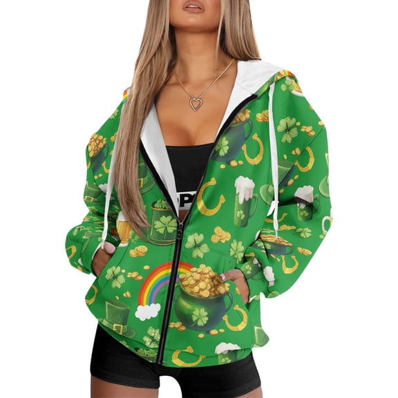COEQINE Women's Full Zipper Hoodie Long Sleeve Y2K Oversized Sweatshirts Beer Shamrock Gold Coin Rainbow Print Soft Casual Wear for St. Patrick's Day Outfits Jacket with Pockets, XS