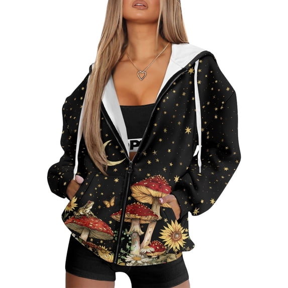 COEQINE Women's Full Zipper Hoodie Oversized Sweatshirts Conch Starfish Shell White Print Long Sleeve Hooded Jacket for Women with Pockets Lightweight Y2K Tops Fall Casual Wear, M