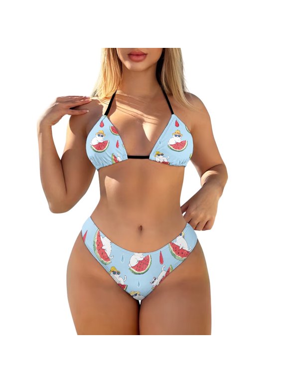 Women's Halter Bikini Sets Removable Pad Triangle Spandex Mid Waist Bathing Suit 2 Piece Cheeky Sexy Beachwear, White Cat Hat Watermelon Water Drop Light Blue, 2XL