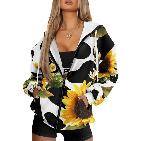 COEQINE Women's Hoodie Full Zip Up Long Sleeve Oversized Sweatshirts Jacket Fashion Y2K Casual Wear Polka Dots and Sunflowers Pattern Soft Sweater with Pockets, 3XL