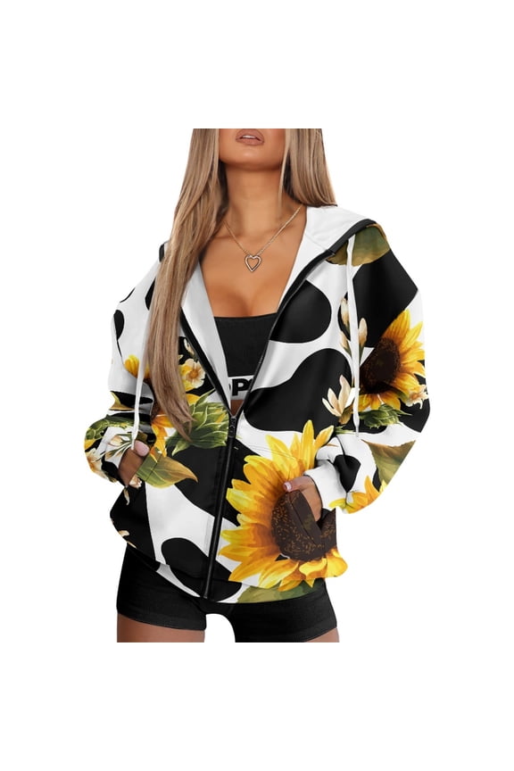 Women's Hoodie Full Zip Up Long Sleeve Oversized Sweatshirts Jacket Fashion Y2K Casual Wear Polka Dots and Sunflowers Pattern Soft Sweater with Pockets, S